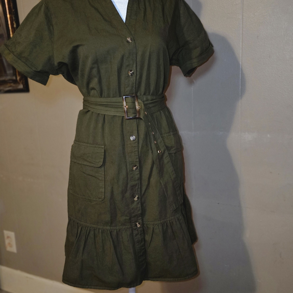 Belted Midi Shirt Dress in Olive Green